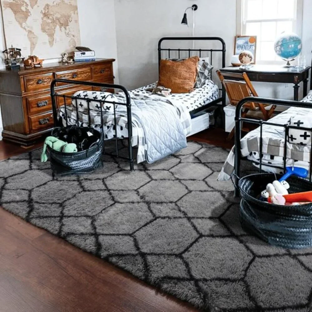 6x9 Area Rug, Washable Fluffy Grey Black Geometric Shag Carpet for Home Decor